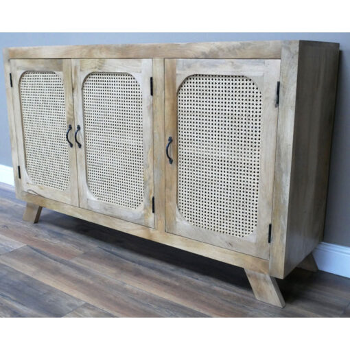 Boho Rustic Solid Light Mango Wood And Rattan 3 Door Large Sideboard 150cm