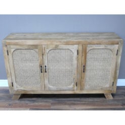 Boho Rustic Solid Light Mango Wood And Rattan 3 Door Large Sideboard 150cm