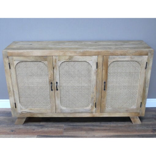 Boho Rustic Solid Light Mango Wood And Rattan 3 Door Large Sideboard 150cm