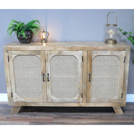Boho Rustic Solid Light Mango Wood And Rattan 3 Door Large Sideboard 150cm