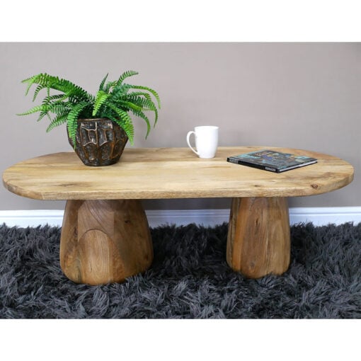 Boho Rustic Solid Light Mango Wood Chunky Oval Coffee Table 110cm
