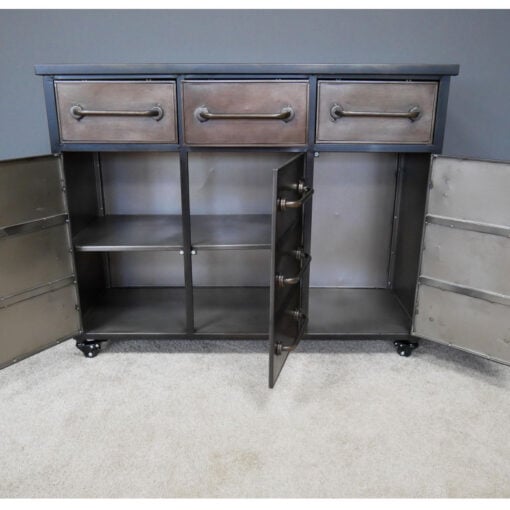 Industrial Antique Black And Copper Metal 3 Door 3 Drawer Sideboard Cabinet With Wheels 101cm
