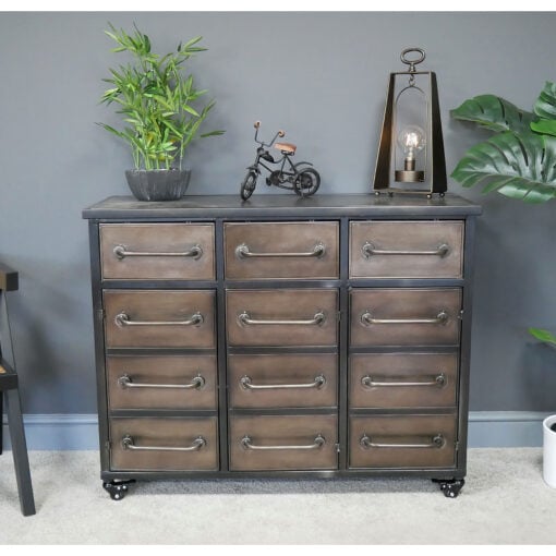 Industrial Antique Black And Copper Metal 3 Door 3 Drawer Sideboard Cabinet With Wheels 101cm
