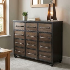 Industrial Antique Black And Copper Metal 3 Door 3 Drawer Sideboard Cabinet With Wheels 101cm
