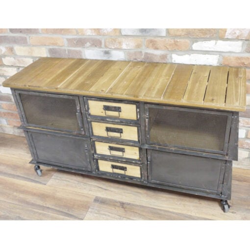 Industrial Black Metal And Solid Fir Wood 4 Drawer 4 Mesh Door Sideboard With Wheels 125cm
