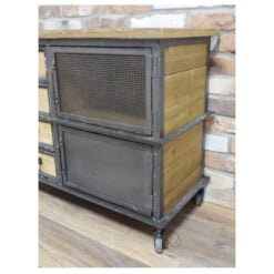 Industrial Black Metal And Solid Fir Wood 4 Drawer 4 Mesh Door Sideboard With Wheels 125cm