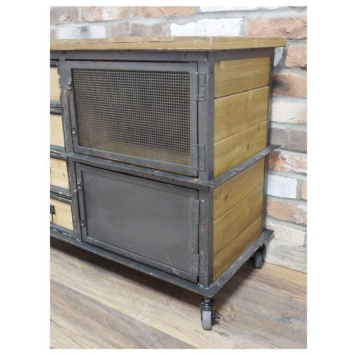 Industrial Black Metal And Solid Fir Wood 4 Drawer 4 Mesh Door Sideboard With Wheels 125cm