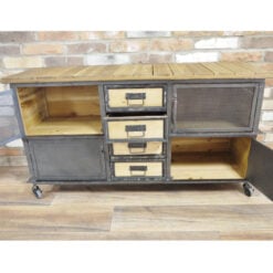 Industrial Black Metal And Solid Fir Wood 4 Drawer 4 Mesh Door Sideboard With Wheels 125cm