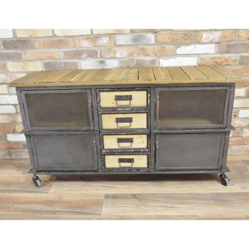 Industrial Black Metal And Solid Fir Wood 4 Drawer 4 Mesh Door Sideboard With Wheels 125cm