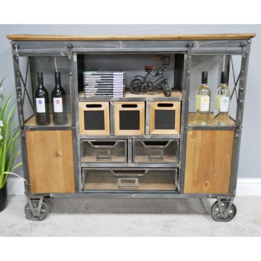 Industrial Black Metal And Solid Fir Wood Sideboard Cabinet With Wheels 118cm