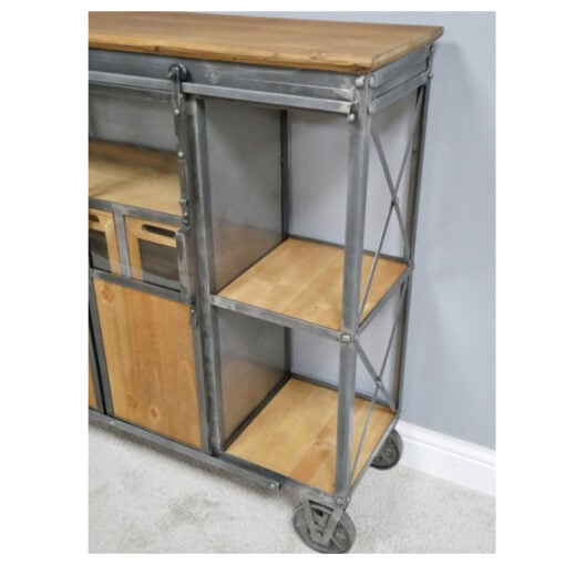 Industrial Black Metal And Solid Fir Wood Sideboard Cabinet With Wheels 118cm