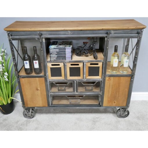 Industrial Black Metal And Solid Fir Wood Sideboard Cabinet With Wheels 118cm