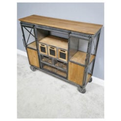 Industrial Black Metal And Solid Fir Wood Sideboard Cabinet With Wheels 118cm