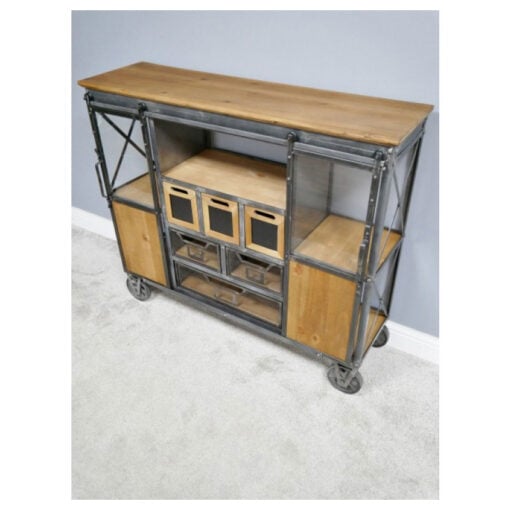 Industrial Black Metal And Solid Fir Wood Sideboard Cabinet With Wheels 118cm