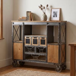 Industrial Black Metal And Solid Fir Wood Sideboard Cabinet With Wheels 118cm