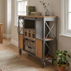 Industrial Black Metal And Solid Fir Wood Sideboard Cabinet With Wheels 118cm Industrial Black Metal And Solid Fir Wood Sideboard Cabinet With Wheels 118cm
