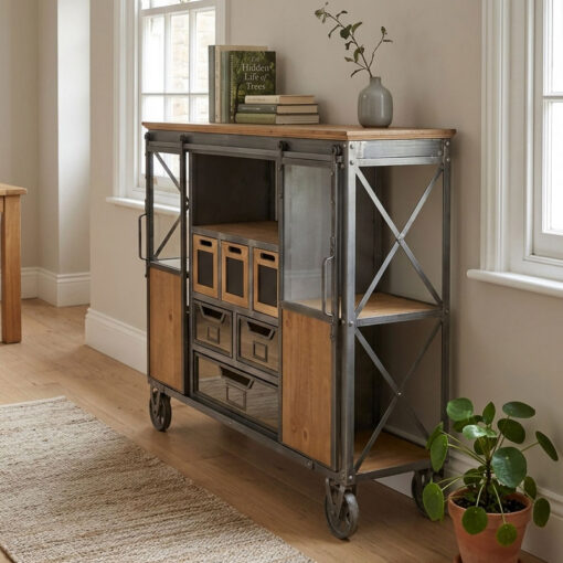 Industrial Black Metal And Solid Fir Wood Sideboard Cabinet With Wheels 118cm Industrial Black Metal And Solid Fir Wood Sideboard Cabinet With Wheels 118cm