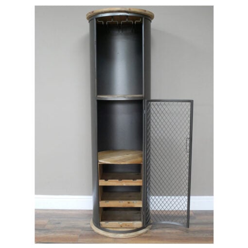 Industrial Black Metal And Solid Wood Round Tall Bar Drinks Cabinet 157cm