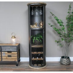 Industrial Black Metal And Solid Wood Round Tall Bar Drinks Cabinet 157cm