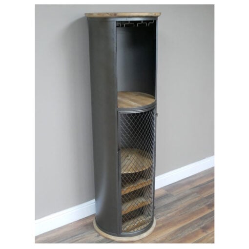 Industrial Black Metal And Solid Wood Round Tall Bar Drinks Cabinet 157cm