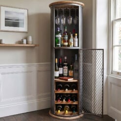 Industrial Black Metal And Solid Wood Round Tall Bar Drinks Cabinet 157cm