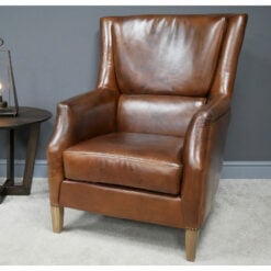 Industrial Cognac Brown Genuine Leather Reading Chair Armchair With Solid Light Oak Wood Legs