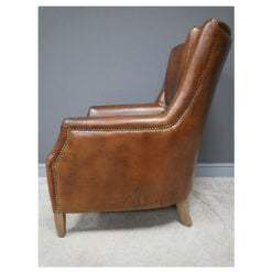 Industrial Cognac Brown Genuine Leather Reading Chair Armchair With Solid Light Oak Wood Legs