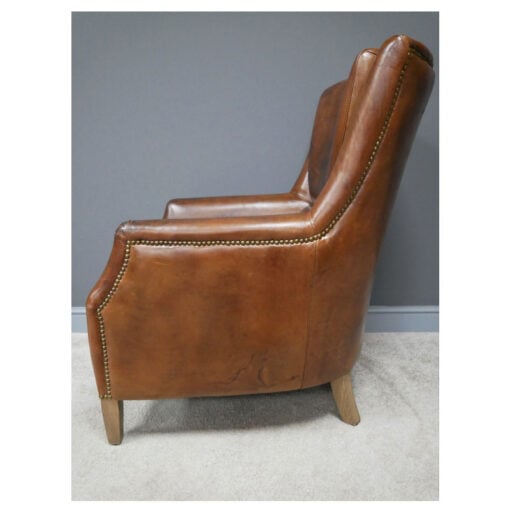 Industrial Cognac Brown Genuine Leather Reading Chair Armchair With Solid Light Oak Wood Legs