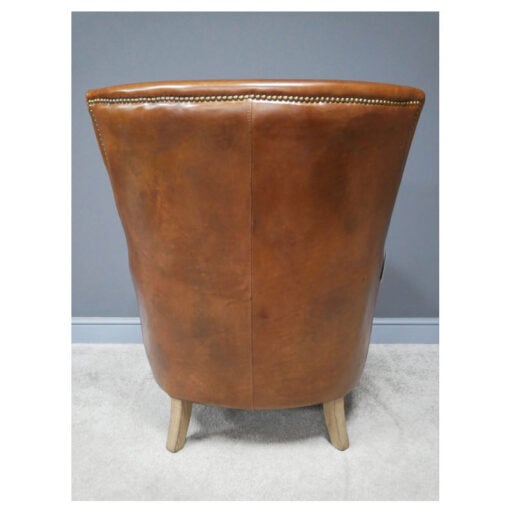 Industrial Cognac Brown Genuine Leather Reading Chair Armchair With Solid Light Oak Wood Legs