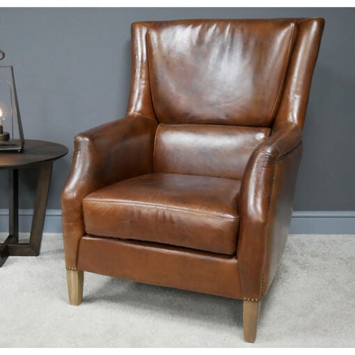 Industrial Cognac Brown Genuine Leather Reading Chair Armchair With Solid Light Oak Wood Legs