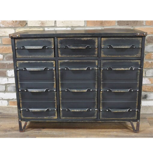 Industrial Distressed Black Metal 3 Door 3 Drawer Sideboard Cabinet 101cm