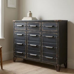 Industrial Distressed Black Metal 3 Door 3 Drawer Sideboard Cabinet 101cm
