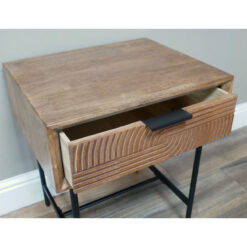 Industrial Rustic Solid Fir Wood And Black Metal Carved 1 Drawer Bedside Cabinet Side Table