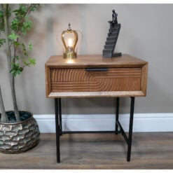 Industrial Rustic Solid Fir Wood And Black Metal Carved 1 Drawer Bedside Cabinet Side Table