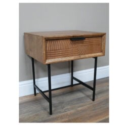 Industrial Rustic Solid Fir Wood And Black Metal Carved 1 Drawer Bedside Cabinet Side Table