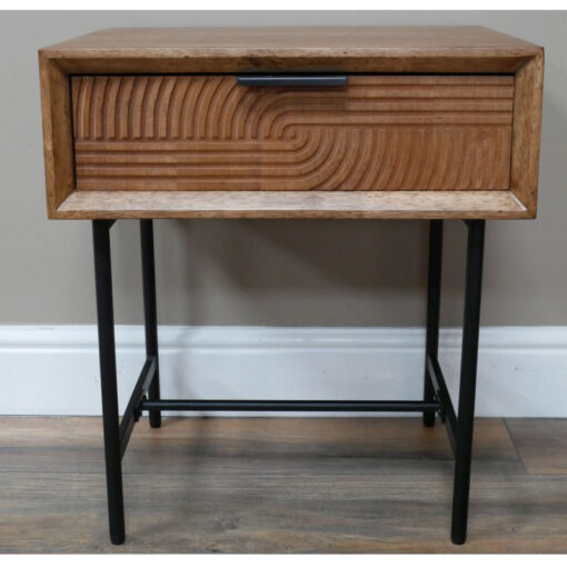 Industrial Rustic Solid Fir Wood And Black Metal Carved 1 Drawer Bedside Cabinet Side Table