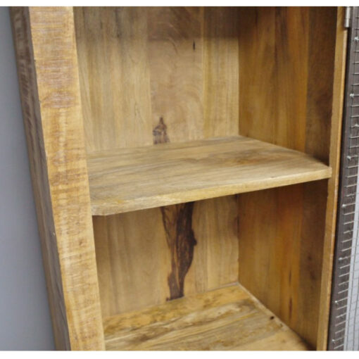 Industrial Rustic Solid Light Mango Wood And Black Metal 1 Door 4 Tier Display Cabinet Shelving Unit Bookcase 182cm
