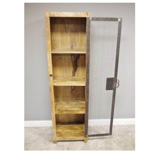 Industrial Rustic Solid Light Mango Wood And Black Metal 1 Door 4 Tier Display Cabinet Shelving Unit Bookcase 182cm