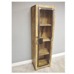 Industrial Rustic Solid Light Mango Wood And Black Metal 1 Door 4 Tier Display Cabinet Shelving Unit Bookcase 182cm