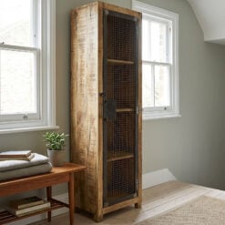 Industrial Rustic Solid Light Mango Wood And Black Metal 1 Door 4 Tier Display Cabinet Shelving Unit Bookcase 182cm