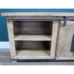 Industrial Rustic Solid Light Mango Wood And Black Metal 1 Sliding Door 2 Shelf TV Stand 110cm
