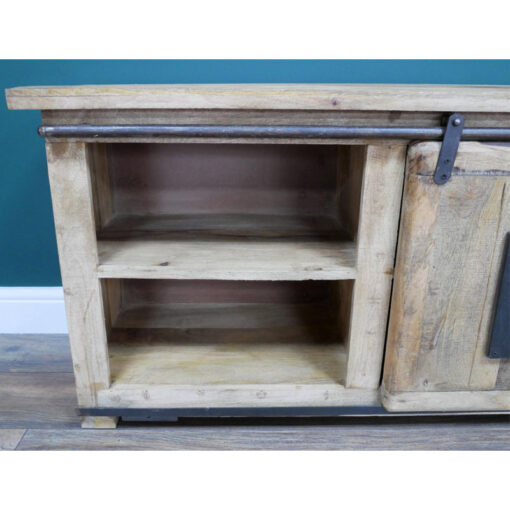 Industrial Rustic Solid Light Mango Wood And Black Metal 1 Sliding Door 2 Shelf TV Stand 110cm