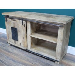 Industrial Rustic Solid Light Mango Wood And Black Metal 1 Sliding Door 2 Shelf TV Stand 110cm