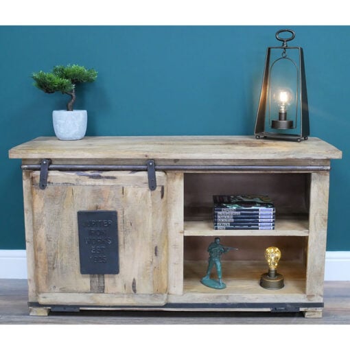 Industrial Rustic Solid Light Mango Wood And Black Metal 1 Sliding Door 2 Shelf TV Stand 110cm