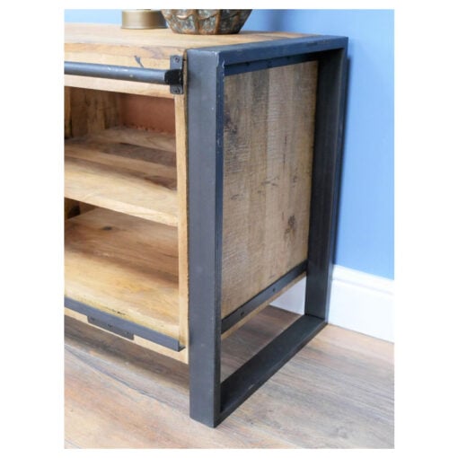 Industrial Rustic Solid Light Mango Wood And Black Metal 2 Sliding Door 2 Shelf TV Stand Low Sideboard 160cm