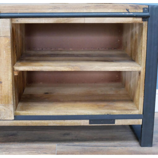 Industrial Rustic Solid Light Mango Wood And Black Metal 2 Sliding Door 2 Shelf TV Stand Low Sideboard 160cm