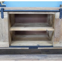 Industrial Rustic Solid Light Mango Wood And Black Metal 2 Sliding Door 2 Shelf TV Stand Low Sideboard 160cm