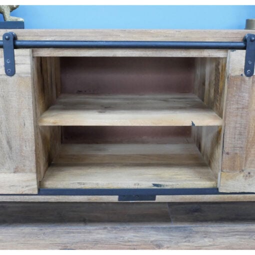 Industrial Rustic Solid Light Mango Wood And Black Metal 2 Sliding Door 2 Shelf TV Stand Low Sideboard 160cm