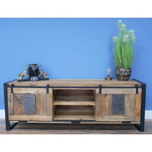 Industrial Rustic Solid Light Mango Wood And Black Metal 2 Sliding Door 2 Shelf TV Stand Low Sideboard 160cm