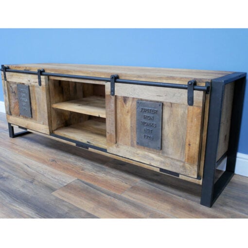 Industrial Rustic Solid Light Mango Wood And Black Metal 2 Sliding Door 2 Shelf TV Stand Low Sideboard 160cm